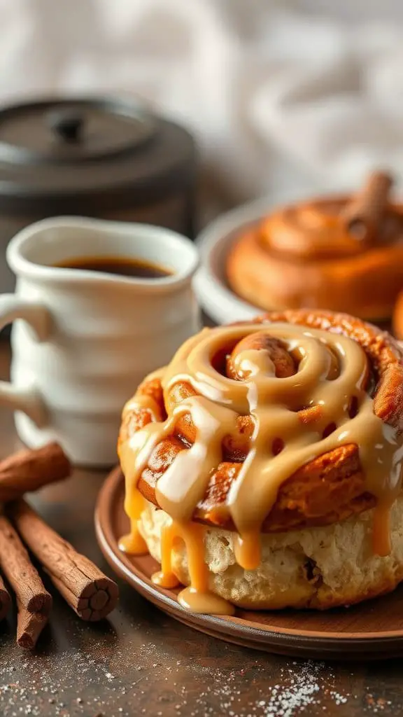 A cinnamon roll with brown butter glaze and a cup of coffee, showcasing a cozy coffee moment.