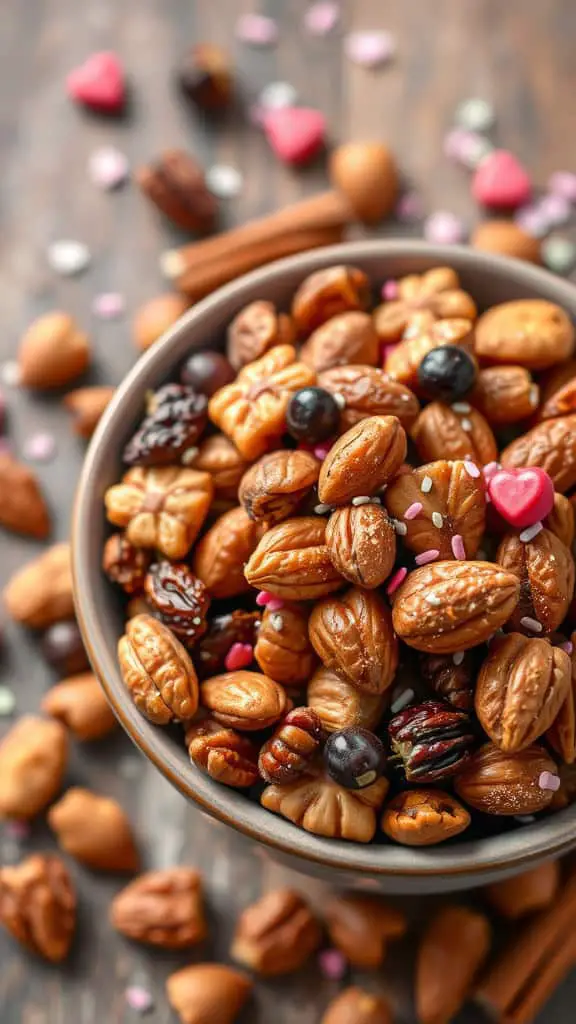 A bowl filled with a colorful mix of nuts, dried fruits, and sprinkles, highlighting a cinnamon spiced trail blend.