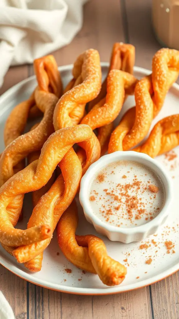 A plate of cinnamon sugar breakfast twists with a small bowl of dipping sauce sprinkled with cinnamon.