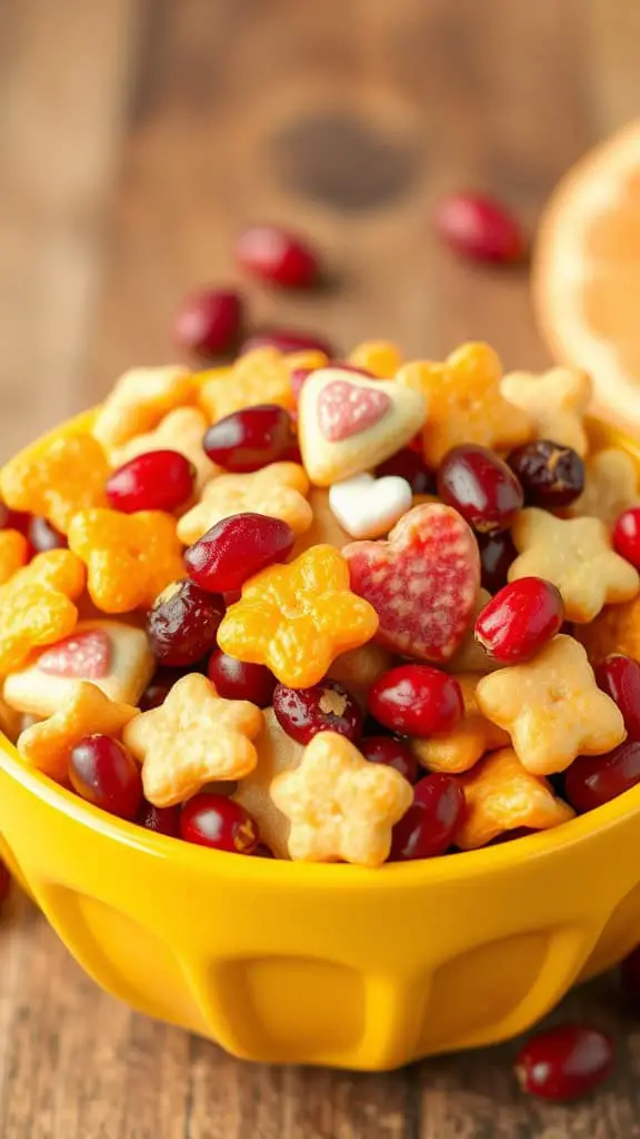 A colorful bowl of Citrus Cranberry Crunch featuring star-shaped snacks and cranberries.