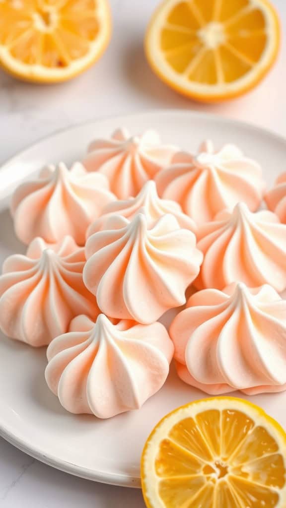 Plate of Citrus Jello Meringue Cookies with sliced lemons in the background.