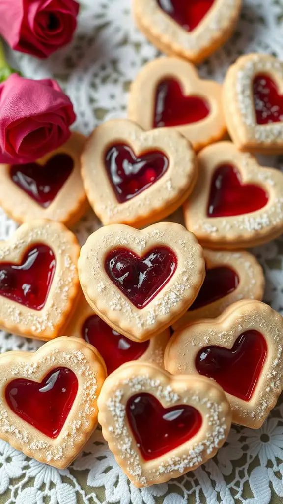 Heart-shaped Linzer cookies with red jam centers surrounded by pink roses