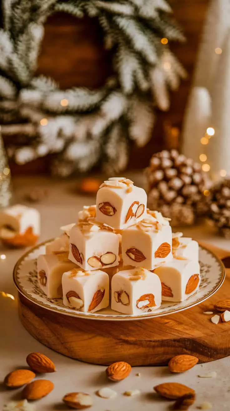 A plate of classic almond nougat bites topped with almonds, set against a cozy holiday backdrop.