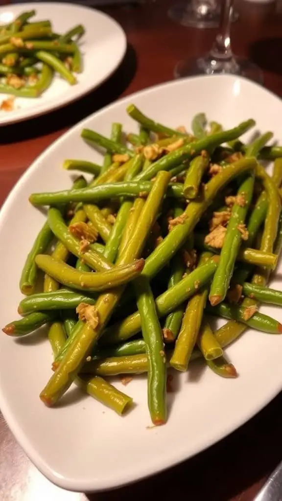 Plate of baked green beans garnished with crispy onions