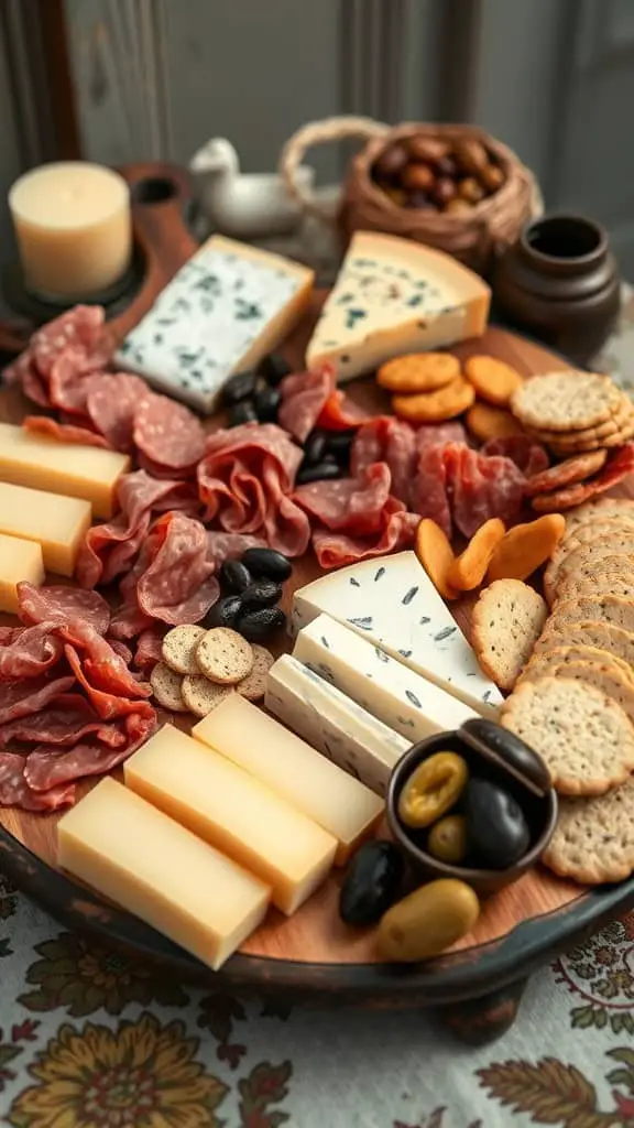 A beautifully arranged charcuterie board featuring various cheeses, meats, crackers, and olives.