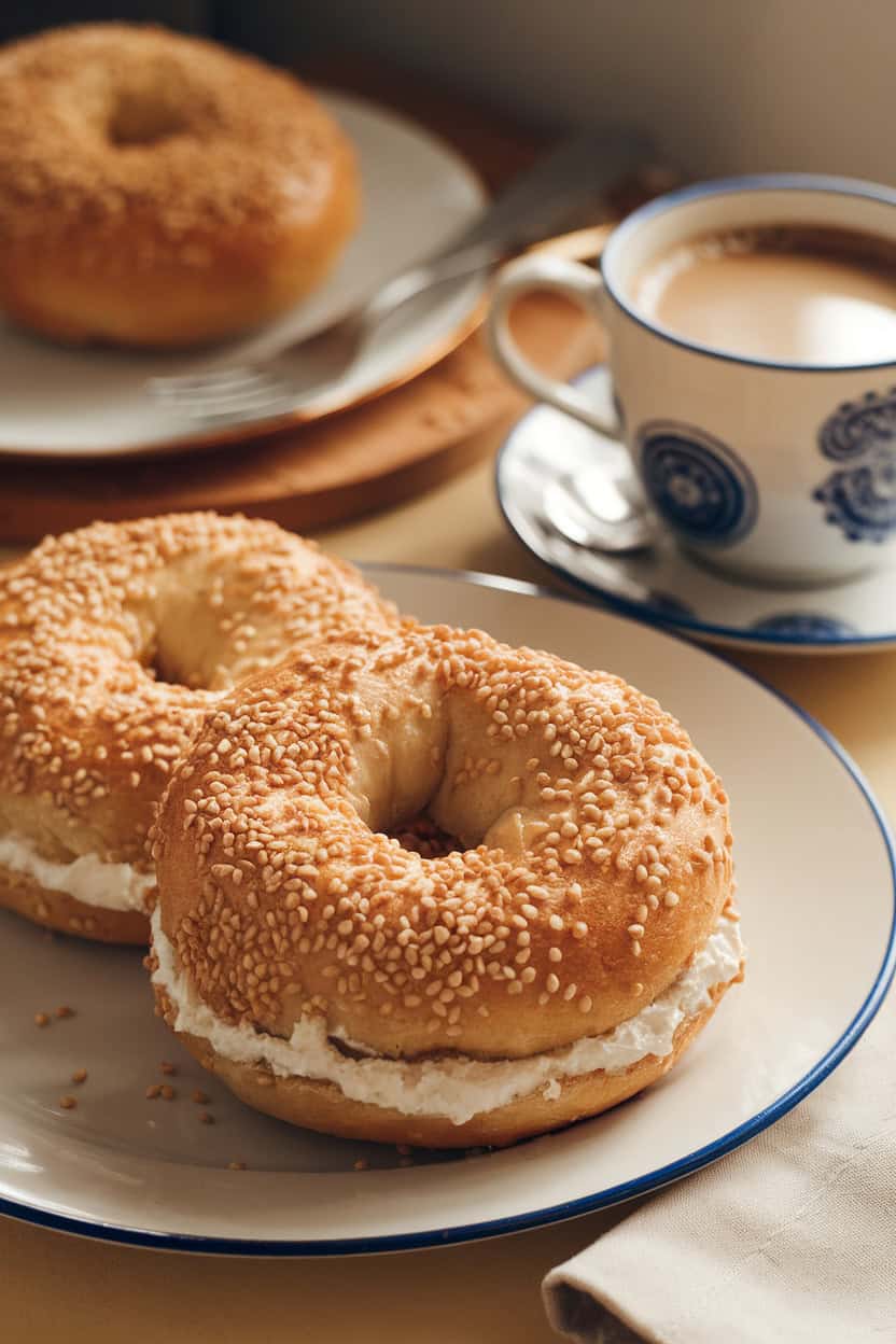 Plate of sesame seed-topped bagels filled with cottage cheese, with a cup of coffee in the background.