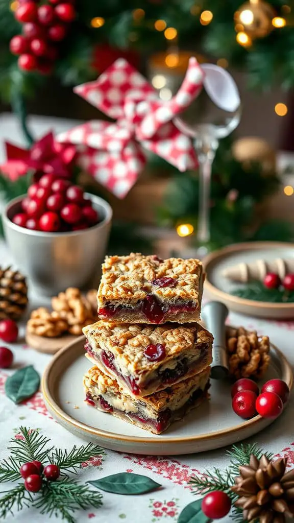 A plate of stacked Cranberry Walnut Bars surrounded by festive decorations