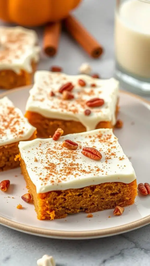 Delicious pumpkin bars topped with cream cheese frosting, sprinkled with pecans and cinnamon.