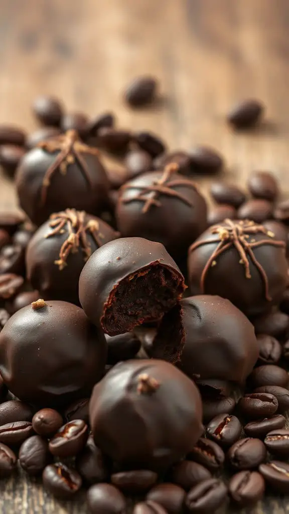 Classic Dark Chocolate Coffee Truffles surrounded by coffee beans