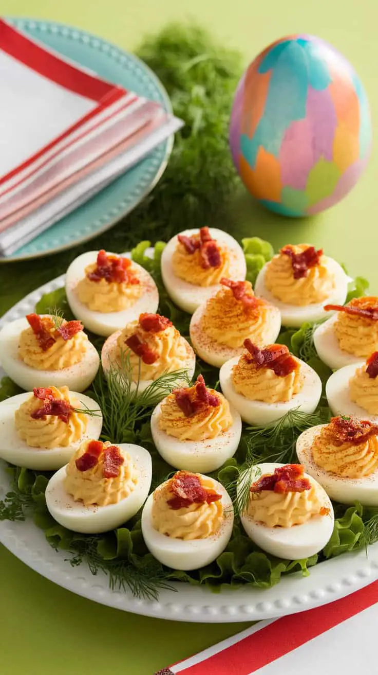 A platter of classic deviled eggs topped with bacon on a bed of lettuce, with napkins and a colorful Easter egg in the background.