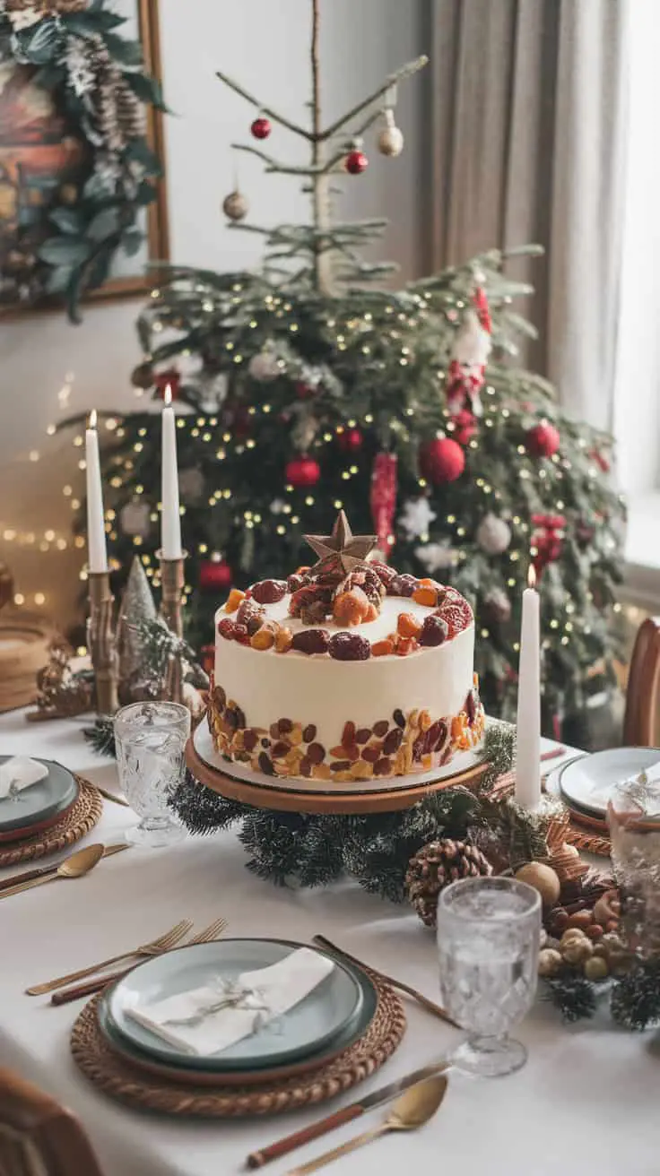 A beautifully decorated eggless Christmas plum cake on a festive dining table, surrounded by candles and a decorated Christmas tree.