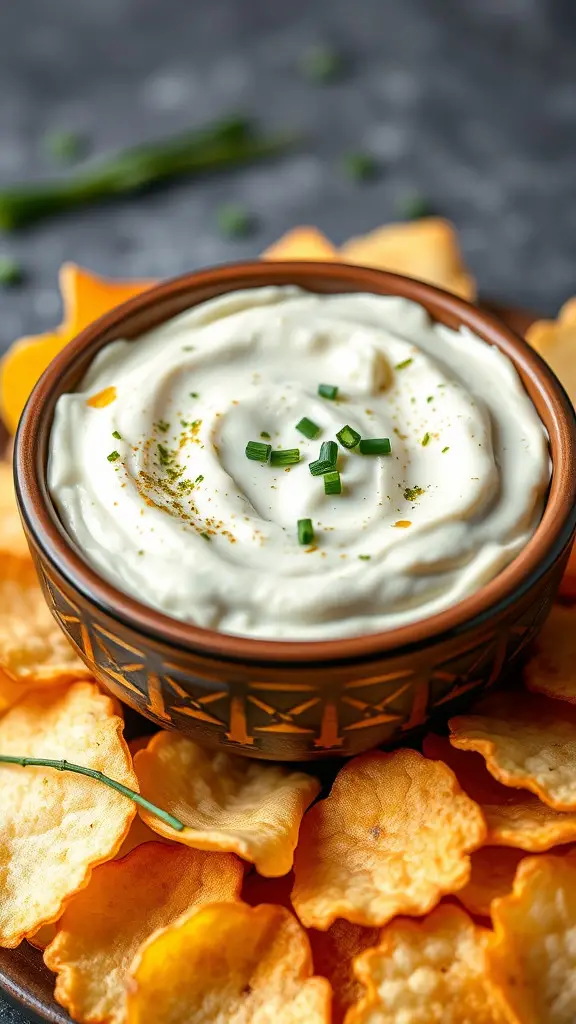 A bowl of creamy French onion dip surrounded by crispy chips