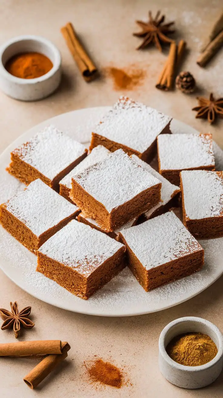 Delicious gingerbread cookie bars dusted with powdered sugar, surrounded by cinnamon sticks and spices.