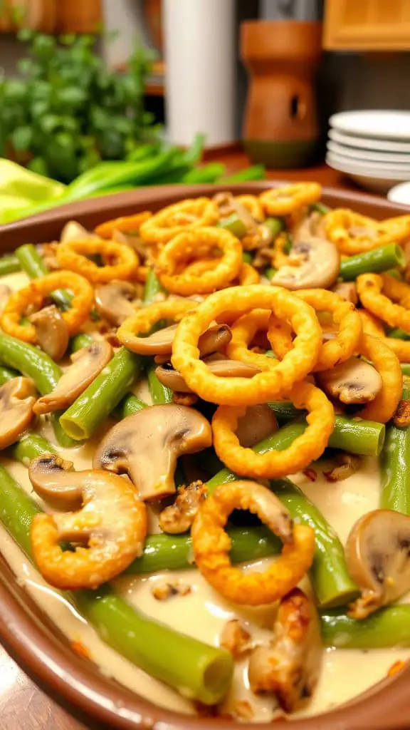 A delicious green bean casserole topped with crispy onion rings, showcasing green beans and mushrooms in a creamy sauce.