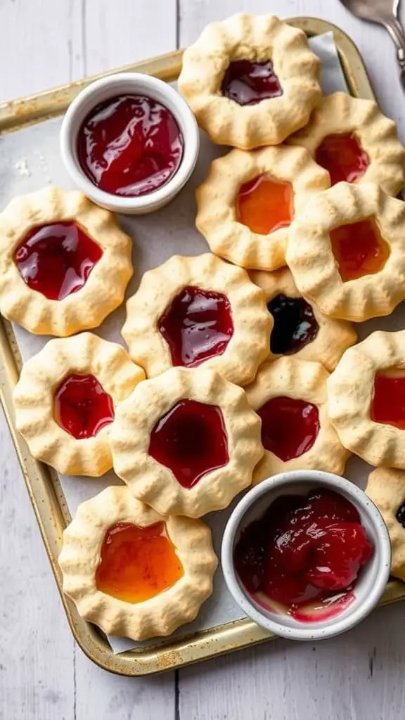 A tray of classic jam-filled shortbread cookies with vibrant jam filling.