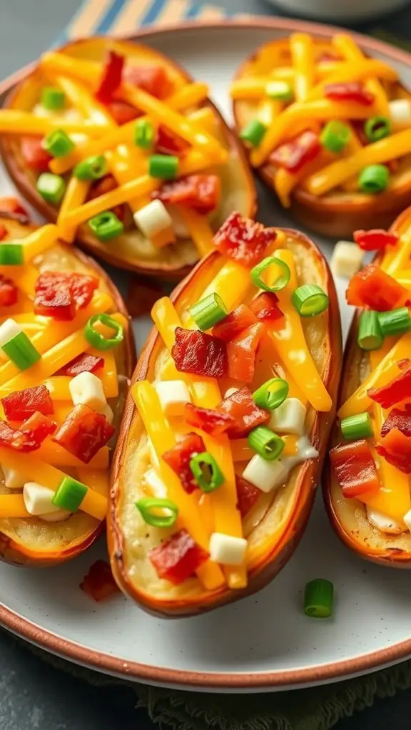 Plate of classic loaded potato skins topped with cheese, bacon, and green onions.