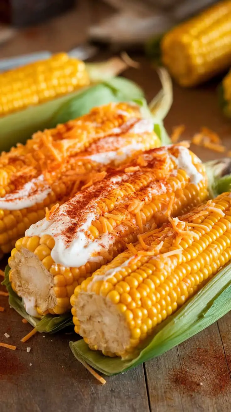 Grilled corn on the cob topped with crema, cheese, and chili powder