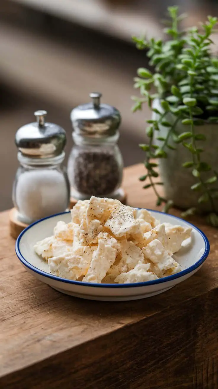 Bowl of cottage cheese chips sprinkled with salt and pepper, surrounded by salt and pepper shakers and a small plant