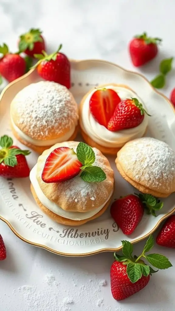 A plate of strawberry cream puffs with fresh strawberries and mint leaves