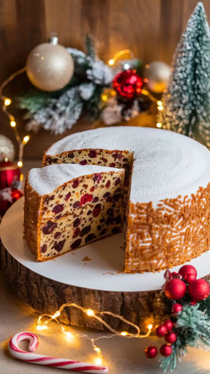 A holiday fruit cake with a slice removed, decorated with powdered sugar and surrounded by festive ornaments and lights.