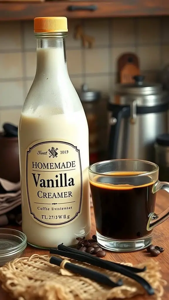 A bottle of homemade vanilla coffee creamer next to a cup of coffee with coffee beans in a cozy kitchen setting.