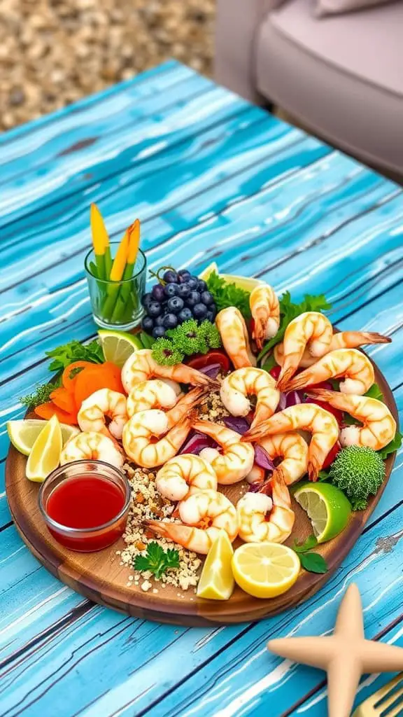 A beautifully arranged coastal shrimp charcuterie platter with shrimp, citrus, and colorful garnishes.