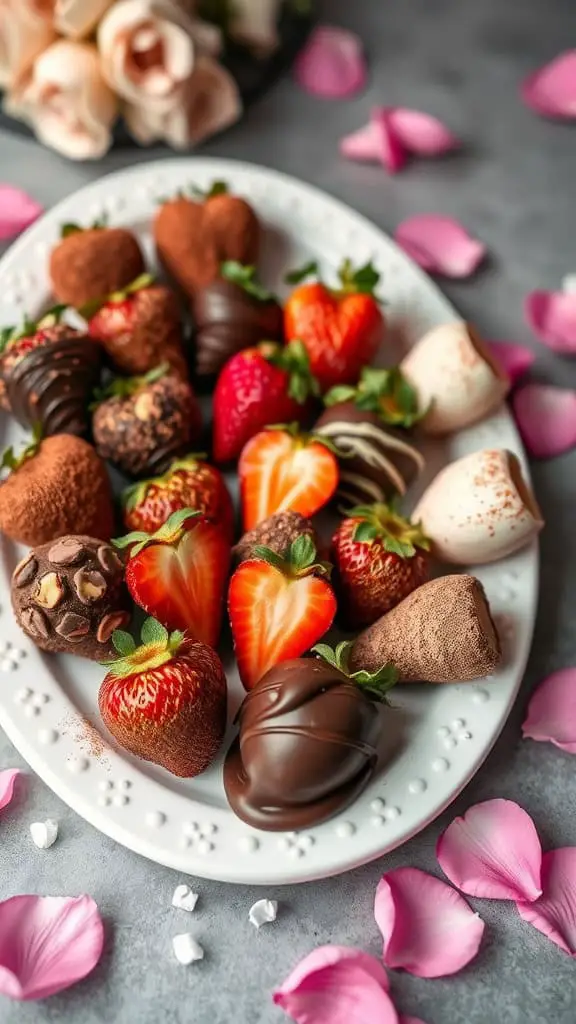 A beautifully arranged Cocoa Bliss Valentine’s Berry Platter featuring various chocolate-covered strawberries and decorative rose petals.