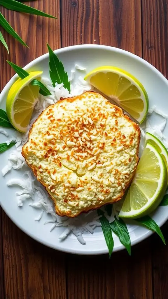 A plate of coconut-crusted fried cottage cheese served with lemon slices and garnished with fresh leaves.