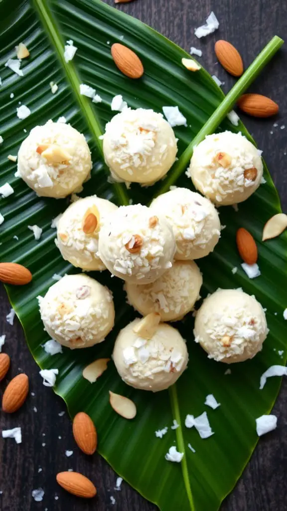 Coconut Almond Bliss Bites on a green leaf with almonds and coconut flakes