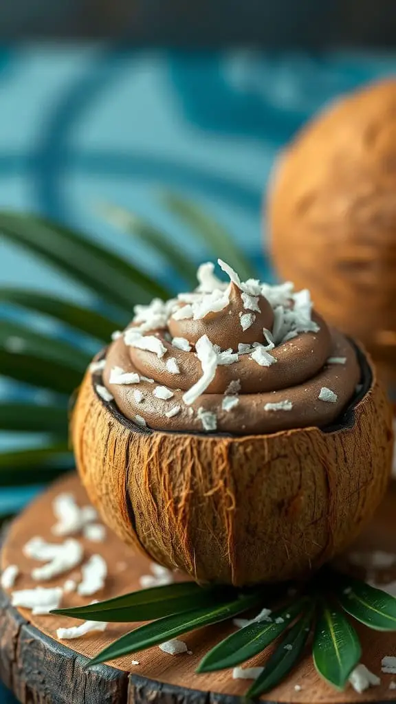 Coconut shell filled with chocolate coffee mousse topped with coconut flakes