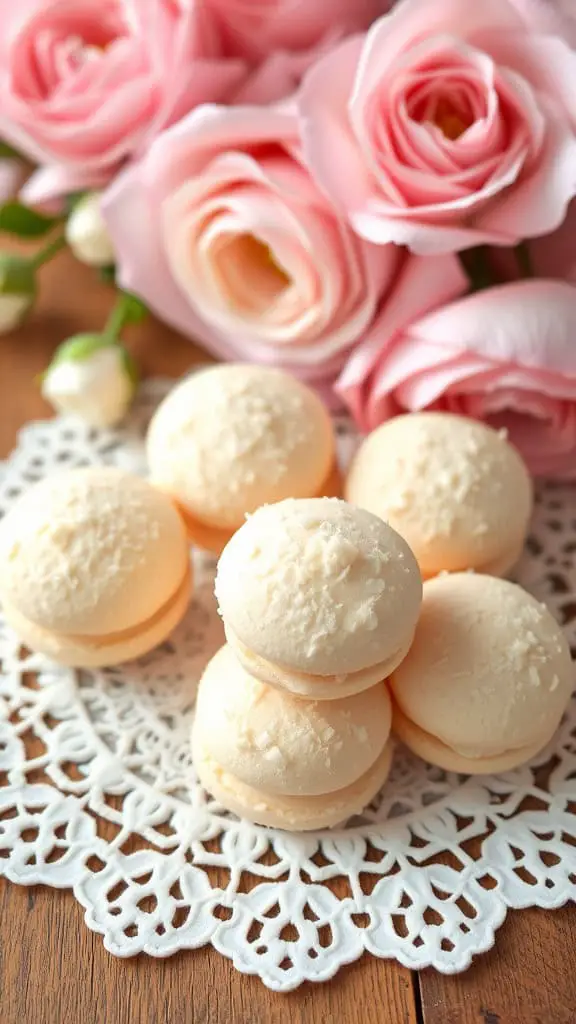 Coconut cream macaroons arranged on a lace doily with pink roses in the background