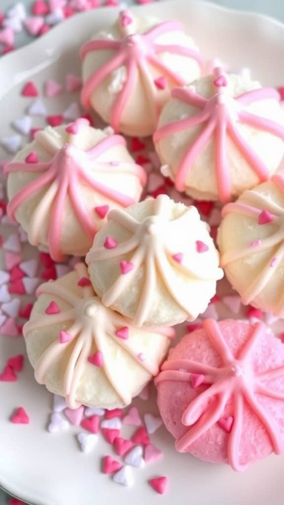 Coconut macaroon cookies with pink and white frosting, decorated with small heart sprinkles