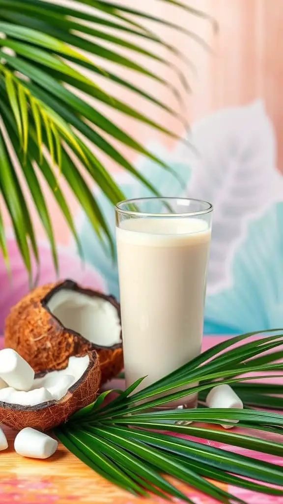 A glass of coconut milk next to coconut shells and palm leaves.