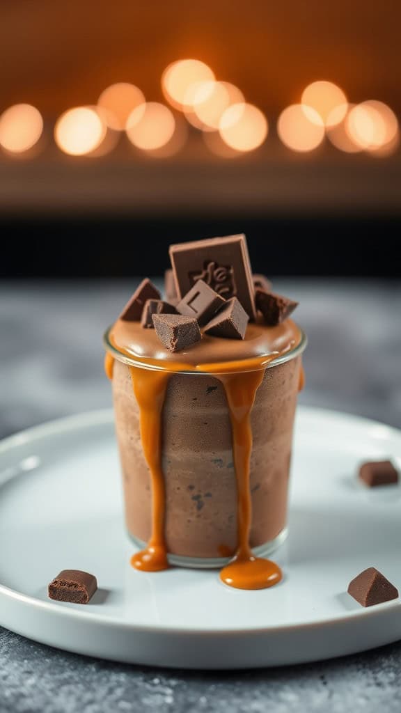 A glass of coffee and caramel chocolate mousse topped with chocolate pieces and drizzled with caramel sauce.