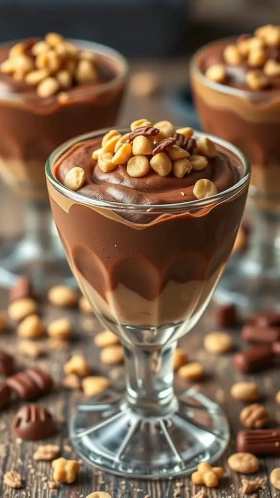 A trio of coffee and peanut butter chocolate mousse in elegant glasses, topped with peanuts and surrounded by chocolate pieces.