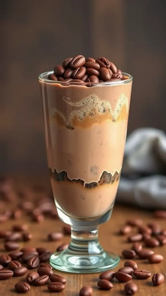 A glass of coffee bean crumble chocolate mousse topped with coffee beans, surrounded by coffee beans on a wooden surface.