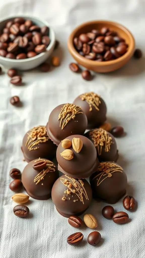 A beautifully arranged stack of chocolate truffles, decorated with coffee beans and nuts, with bowls of coffee beans in the background.