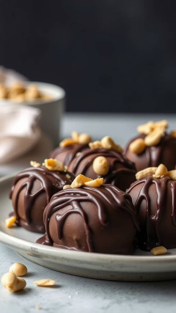 A plate of Coffee Cashew Butter Truffles drizzled with chocolate and topped with cashew pieces.