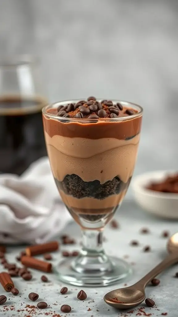 A glass of layered coffee cheesecake chocolate mousse topped with chocolate chips, surrounded by coffee beans and utensils.