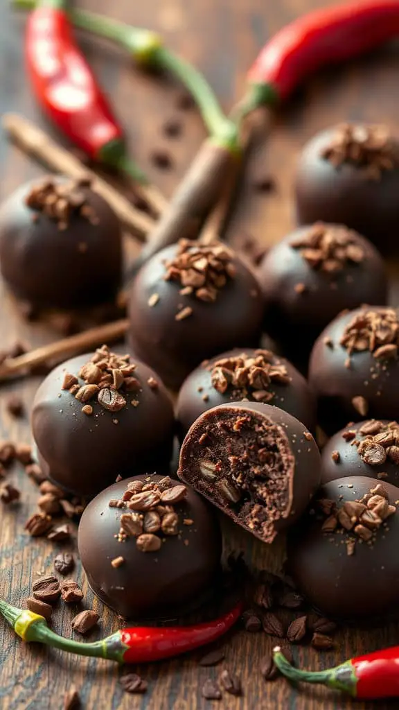 Coffee chili chocolate truffles on a wooden surface with chili peppers and coffee beans