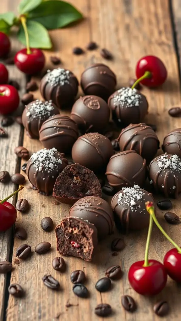 A collection of chocolate truffles with cherries and coffee beans scattered on a wooden surface.