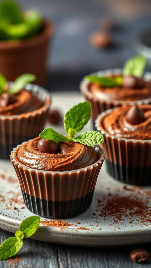 Delicious coffee chocolate mousse served in edible cups, garnished with mint and chocolate chips.