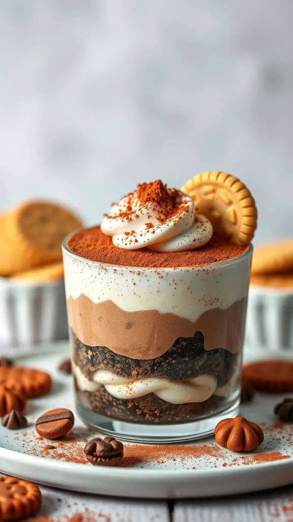 Layered Coffee Chocolate Mousse Tiramisu in a glass with whipped cream and cocoa powder on top