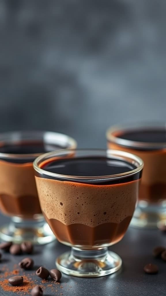 Three cups of coffee chocolate mousse topped with espresso jelly, surrounded by coffee beans.