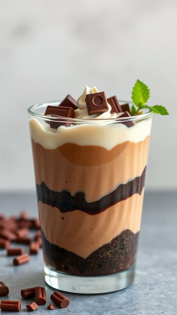 A delicious coffee chocolate mousse trifle in a glass, layered with chocolate mousse, coffee mousse, and topped with whipped cream and chocolate pieces, surrounded by chocolate sprinkles.