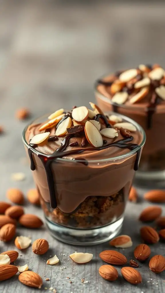 A dessert cup of Coffee Chocolate Mousse topped with almonds and chocolate drizzle.