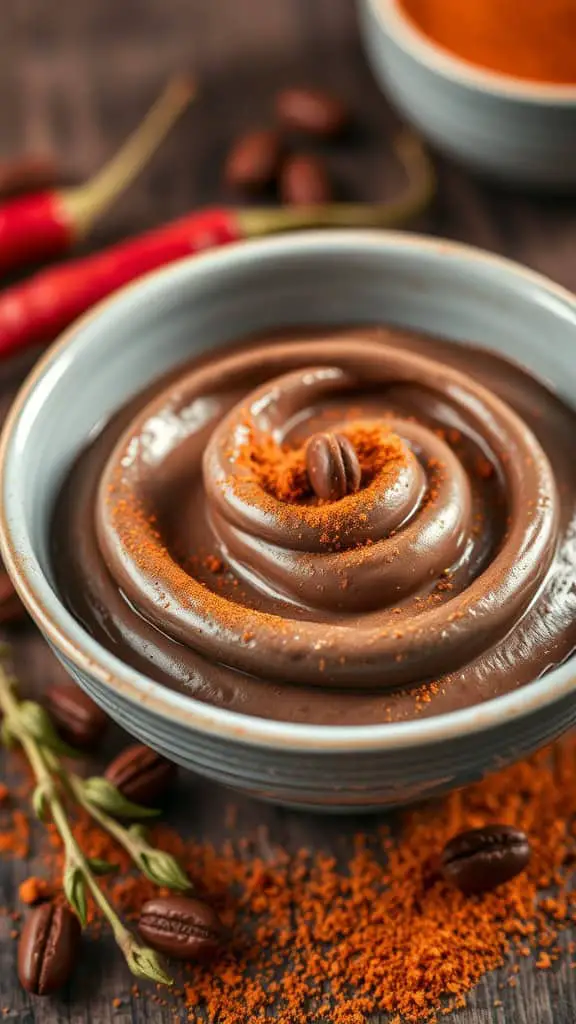 A bowl of rich coffee chocolate mousse topped with chili powder and coffee beans, surrounded by red chilies