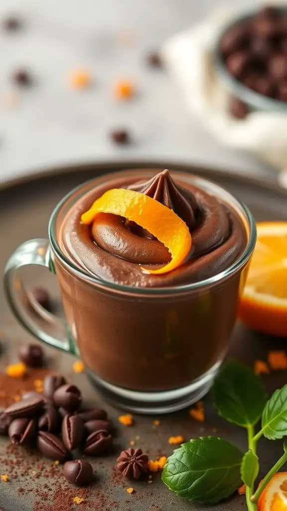 A glass cup filled with chocolate mousse topped with orange zest, surrounded by coffee beans and orange slices.