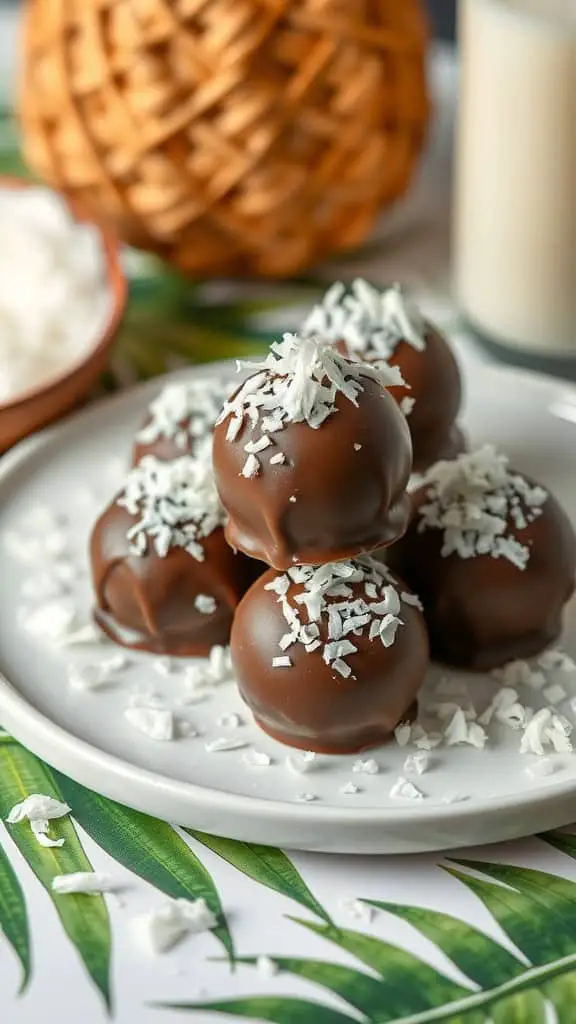 A plate of Coffee Coconut Cream Truffles topped with shredded coconut