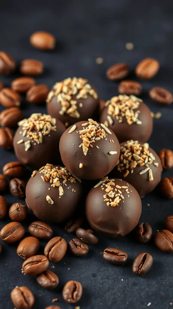 A close-up image of Coffee Liqueur Hazelnut Truffles surrounded by coffee beans.